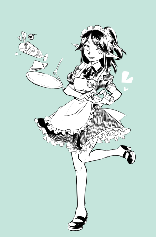 1girl, alternate_costume, apron, elf, enmaided, fork, heart, heart_hands