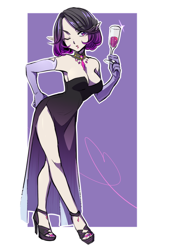 1girl, alcohol, alternate_costume, black_hair, breasts, choker, cleavage, cup