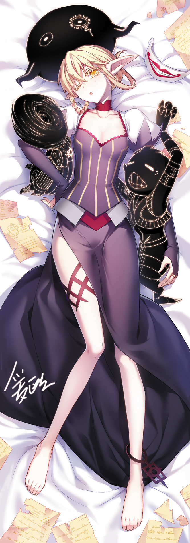 1girl, ;o, bangs, barefoot, blonde_hair, bloodline, breasts, bridal_gauntlets