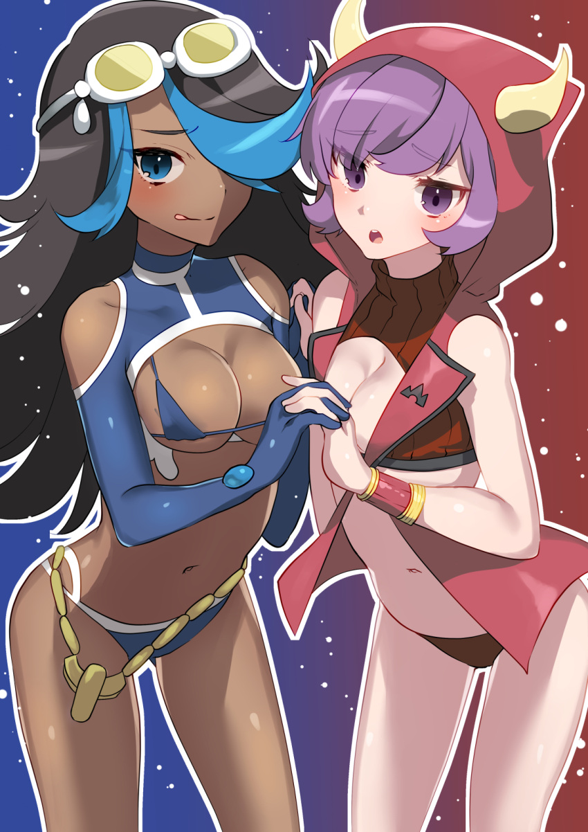 2girls, black_hair, blue_eyes, blue_hair, bracelet, breasts, cleavage, dark_skin