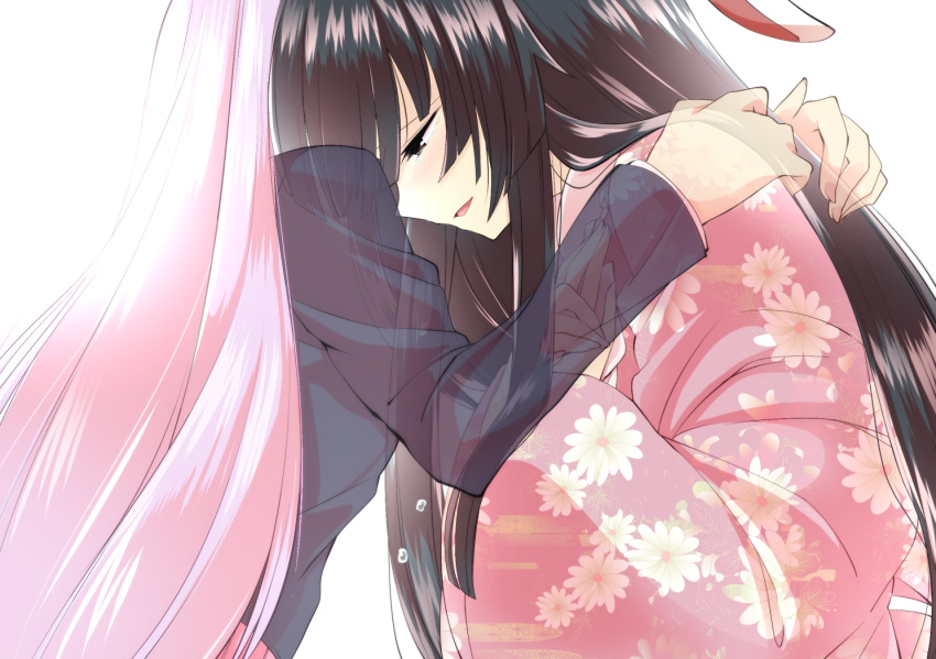 2girls, animal_ears, black_hair, blazer, fading, floral_print, half-closed_eyes, hand_on_another's_back