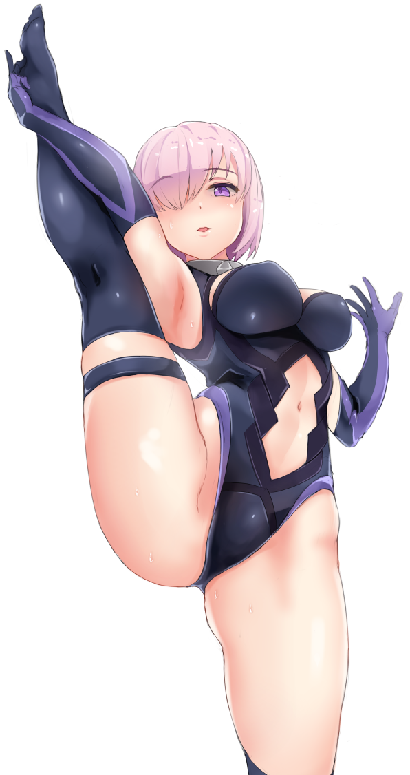 1girl, arm_up, armor, armored_dress, armpits, bare_shoulders, black_dress, black_legwear, blush, breasts, dress, elbow_gloves, erect_nipples, fate/grand_order, fate_(series), gloves, hair_over_one_eye, large_breasts, lavender_hair, leg_up, looking_at_viewer, navel, oumi_(rsag), parted_lips, purple_gloves, shielder_(fate/grand_order), short_hair, smile, violet_eyes