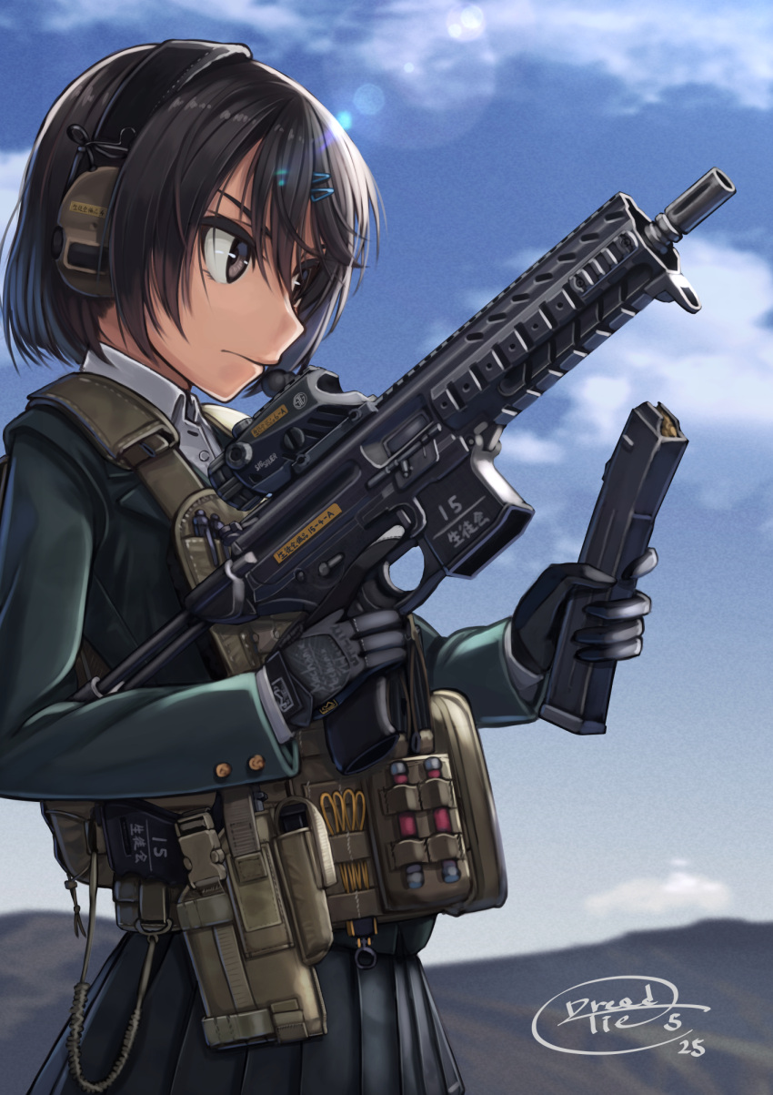 1girl, artist_signature, black_eyes, black_hair, cartridge, clouds, dreadtie, gloves