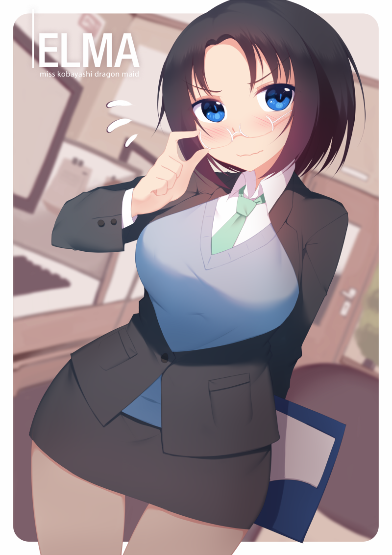 1girl, adjusting_glasses, black_hair, blue_eyes, blush, breasts, character_name, clipboard