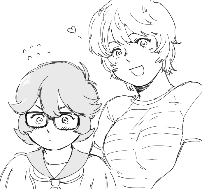 2girls, atom:_the_beginning, closed_mouth, glasses, heart, looking_at_viewer, multiple_girls, neckerchief