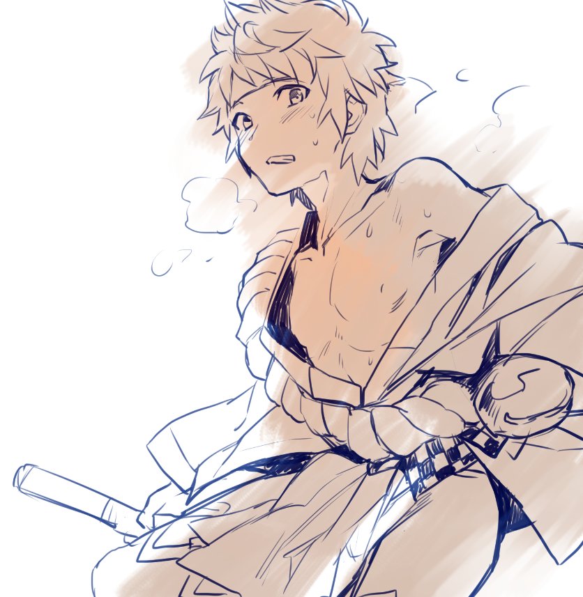 1boy, breath, clenched_teeth, cowboy_shot, drum_master_(granblue_fantasy), gran_(granblue_fantasy), granblue_fantasy, hachimaki