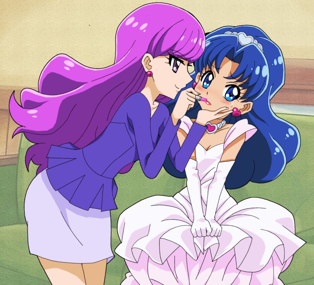 2girls, alternate_hairstyle, applying_makeup, blue_eyes, blue_hair, blush, dress, earrings