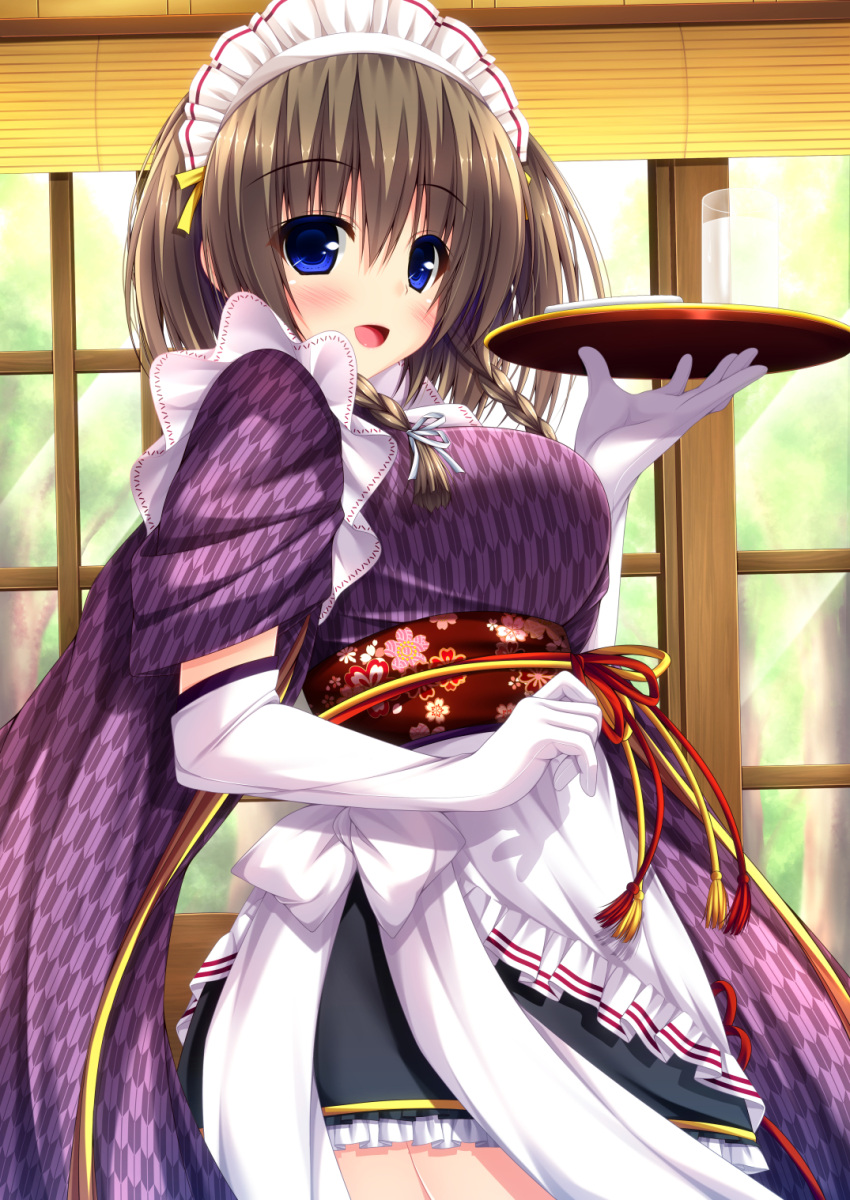 1girl, blue_eyes, blush, braid, cowboy_shot, elbow_gloves, eyebrows_visible_through_hair, front_braid