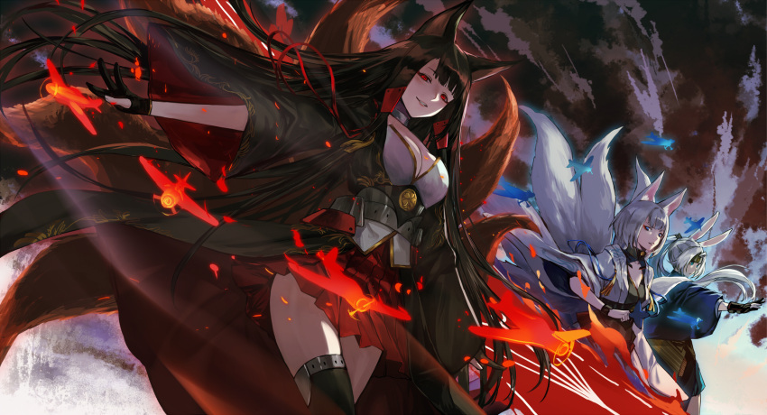 3girls, aircraft, airplane, akagi_(bilan_hangxian), animal_ears, bangs, bilan_hangxian, black_gloves, black_hair, black_legwear, blue_eyes, blunt_bangs, breasts, character_request, cleavage, cowboy_shot, fox_ears, fox_girl, fox_tail, from_side, gloves, hair_ornament, hakama_skirt, highres, infukun, japanese_clothes, kyuubi, large_breasts, long_hair, long_sleeves, looking_at_viewer, looking_to_the_side, multiple_girls, multiple_tails, nontraditional_miko, official_art, outstretched_arms, parted_lips, partly_fingerless_gloves, ponytail, rabbit_ears, red_eyes, red_skirt, silver_hair, single_thighhigh, skirt, smile, spread_arms, tail, thigh-highs, very_long_hair, wide_sleeves