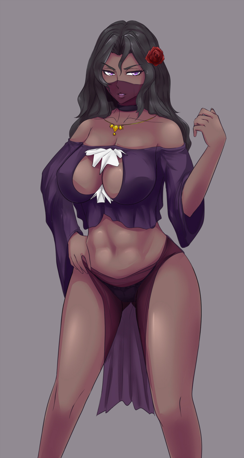 >:), 1girl, abs, arabian_clothes, bare_shoulders, black_hair, black_panties, breasts, choker, cleavage, cleavage_cutout, collarbone, crop_top, dancer, dark_skin, flower, hair_flower, hair_ornament, hand_on_hip, highres, jewelry, large_breasts, long_hair, long_sleeves, looking_at_viewer, navel, necklace, nofuture, off-shoulder_shirt, original, panties, parted_lips, pelvic_curtain, red_rose, rose, shirt, smile, solo, standing, stomach, underwear, veil, violet_eyes, wavy_hair