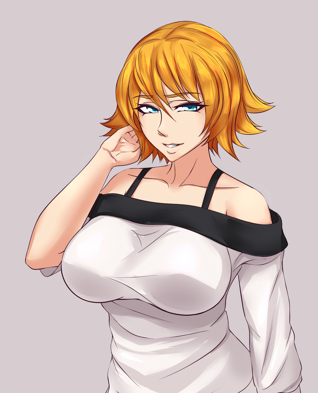 1girl, bangs, bare_shoulders, blonde_hair, blue_eyes, breasts, collarbone, flipped_hair