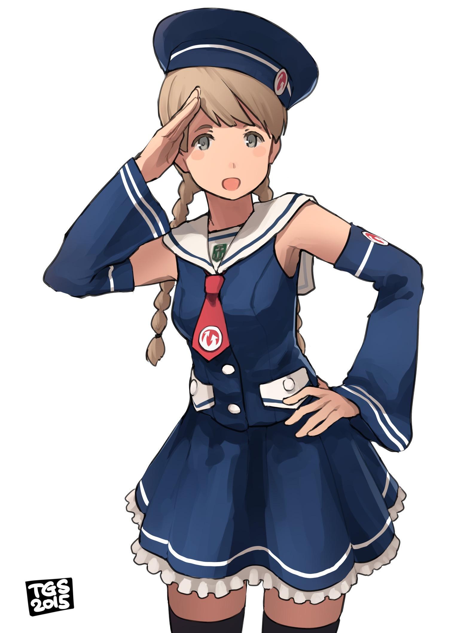 1girl, :d, black_skirt, blue_skirt, blush_stickers, braid, cowboy_shot, detached_sleeves