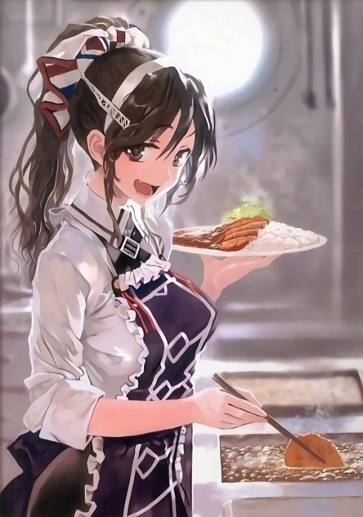 1girl, :d, adapted_costume, alternate_hairstyle, apron, ashigara_(kantai_collection), bangs, blurry