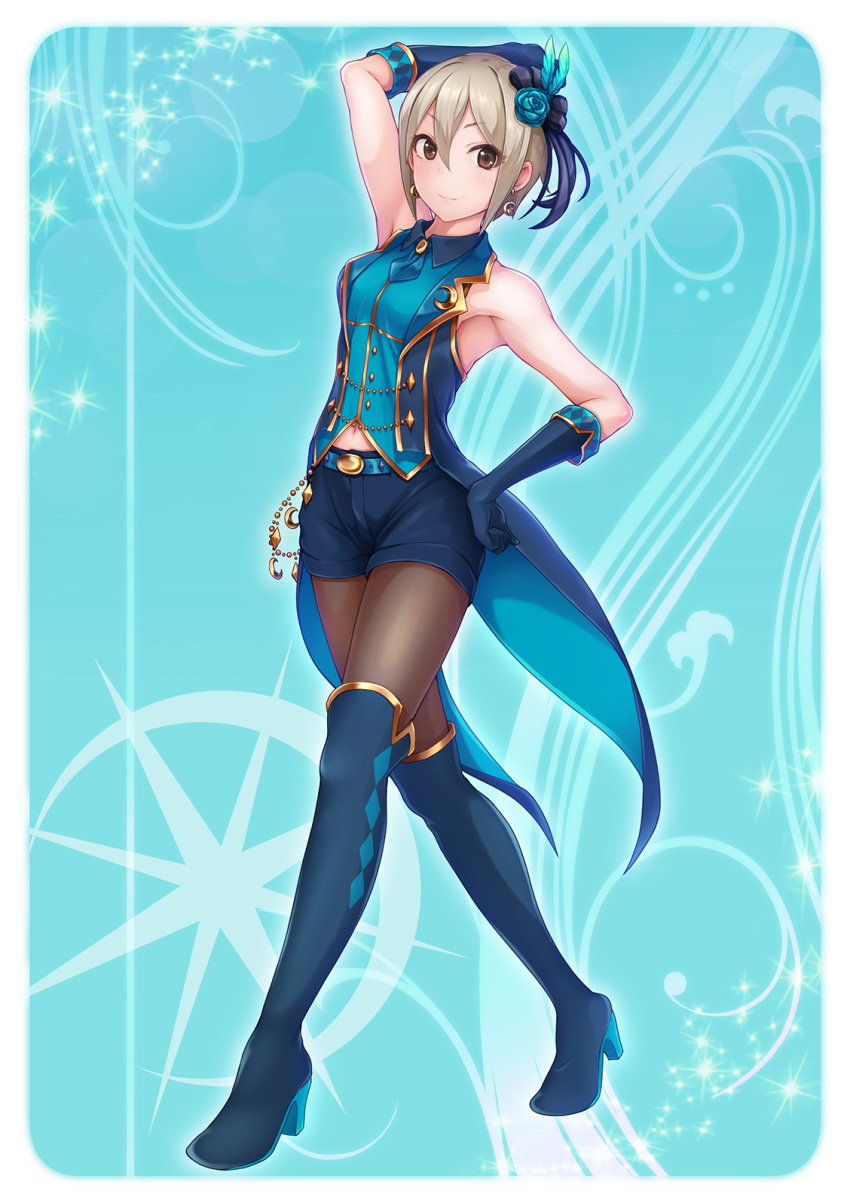 1girl, aqua_background, arm_behind_head, arm_up, armpits, ascot, belt, black_bow, blue_ascot, blue_boots, blue_gloves, blue_rose, blue_shorts, blue_vest, boots, bow, breasts, brown_eyes, closed_mouth, coattails, collared_shirt, crescent, crescent_earrings, crescent_moon_symbol, earrings, elbow_gloves, eyebrows_visible_through_hair, eyelashes, eyes_visible_through_hair, feathers, flower, full_body, gloves, hair_between_eyes, hair_bow, hair_feathers, hair_flower, hair_ornament, hand_on_hip, high_heel_boots, high_heels, highres, idolmaster, idolmaster_cinderella_girls, jewelry, legs_apart, looking_at_viewer, navel, pantyhose, poroze, rose, sheer_legwear, shiomi_shuuko, shirt, short_hair, shorts, silver_hair, sleeveless, sleeveless_shirt, small_breasts, smile, solo, sparkle, standing, thigh-highs, thigh_boots, vest