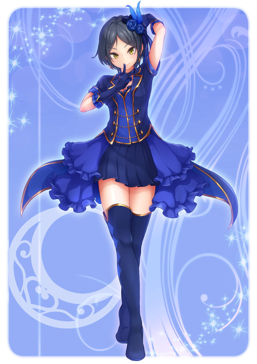1girl, arm_behind_head, arm_up, bangs, blue_background, blue_boots, blue_bow, blue_coat