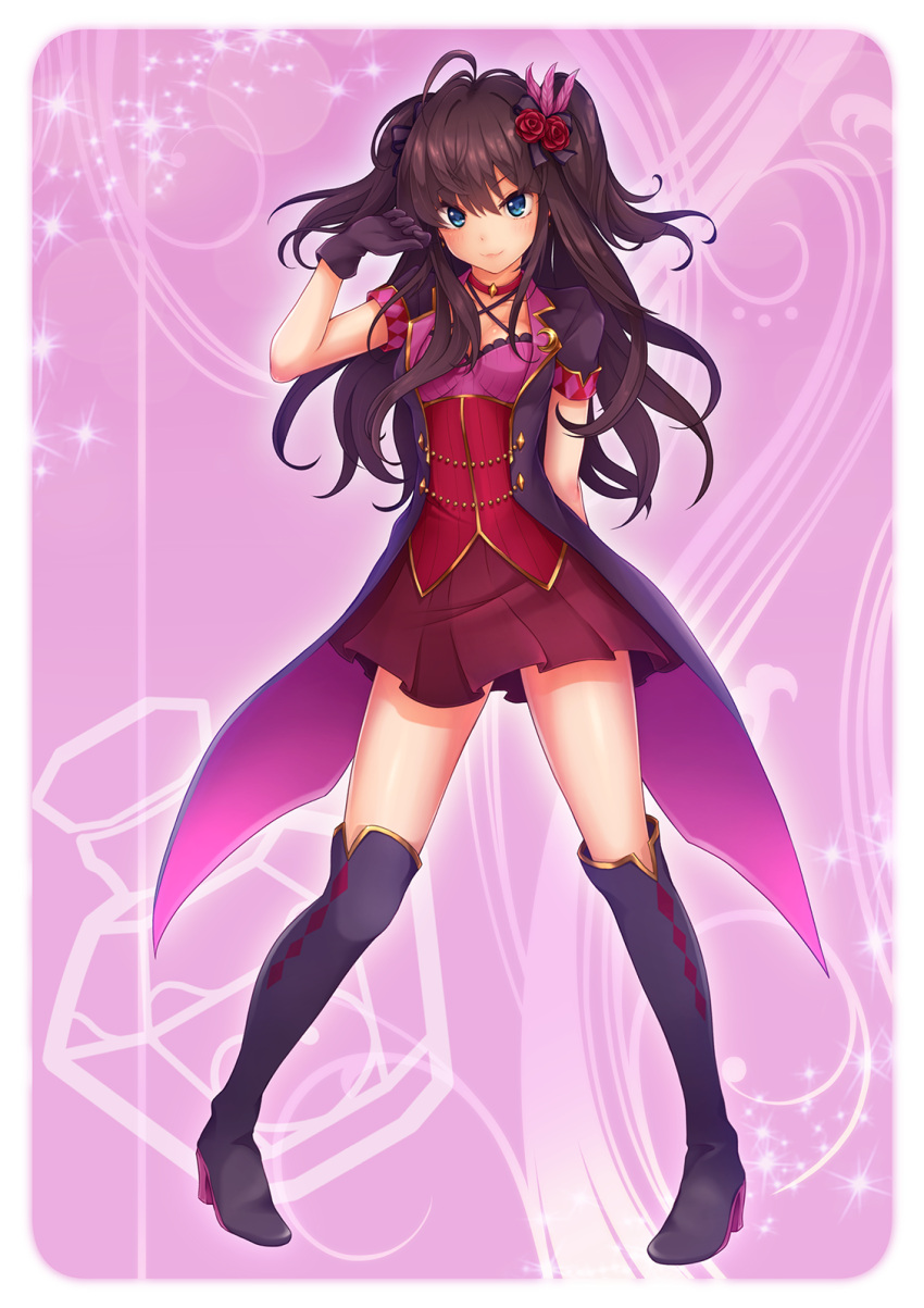 :3, antenna_hair, arm_behind_back, black_boots, black_bow, black_gloves, blue_eyes, blush, bodice, boots, bottle, bow, breasts, cleavage, closed_mouth, coattails, collar, corset, feathers, flower, full_body, gloves, hair_between_eyes, hair_bow, hair_feathers, hair_flower, hair_ornament, high_heel_boots, high_heels, highres, ichinose_shiki, idolmaster, idolmaster_cinderella_girls, legs_apart, long_hair, looking_at_viewer, medium_breasts, miniskirt, perfume_bottle, pigeon-toed, pink_background, pleated_skirt, poroze, purple_coat, purple_hair, red_collar, red_rose, red_skirt, rose, short_sleeves, skirt, spaghetti_strap, sparkle, thigh-highs, thigh_boots, twintails