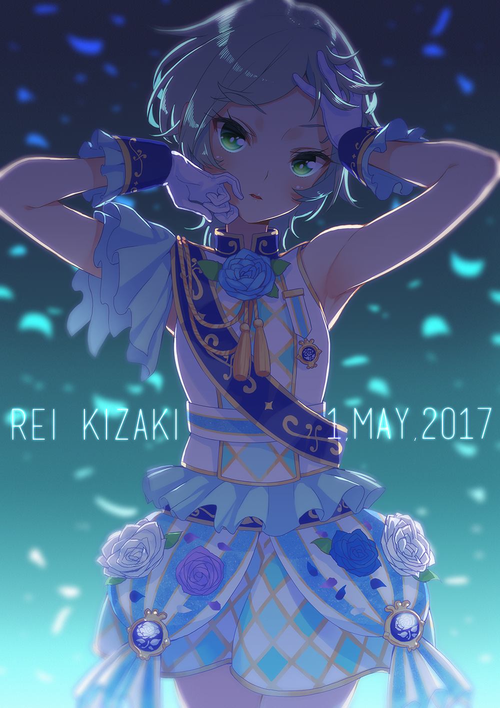 2017, aiguillette, aikatsu!, aikatsu_stars!, armpits, backlighting, blue_background, blush