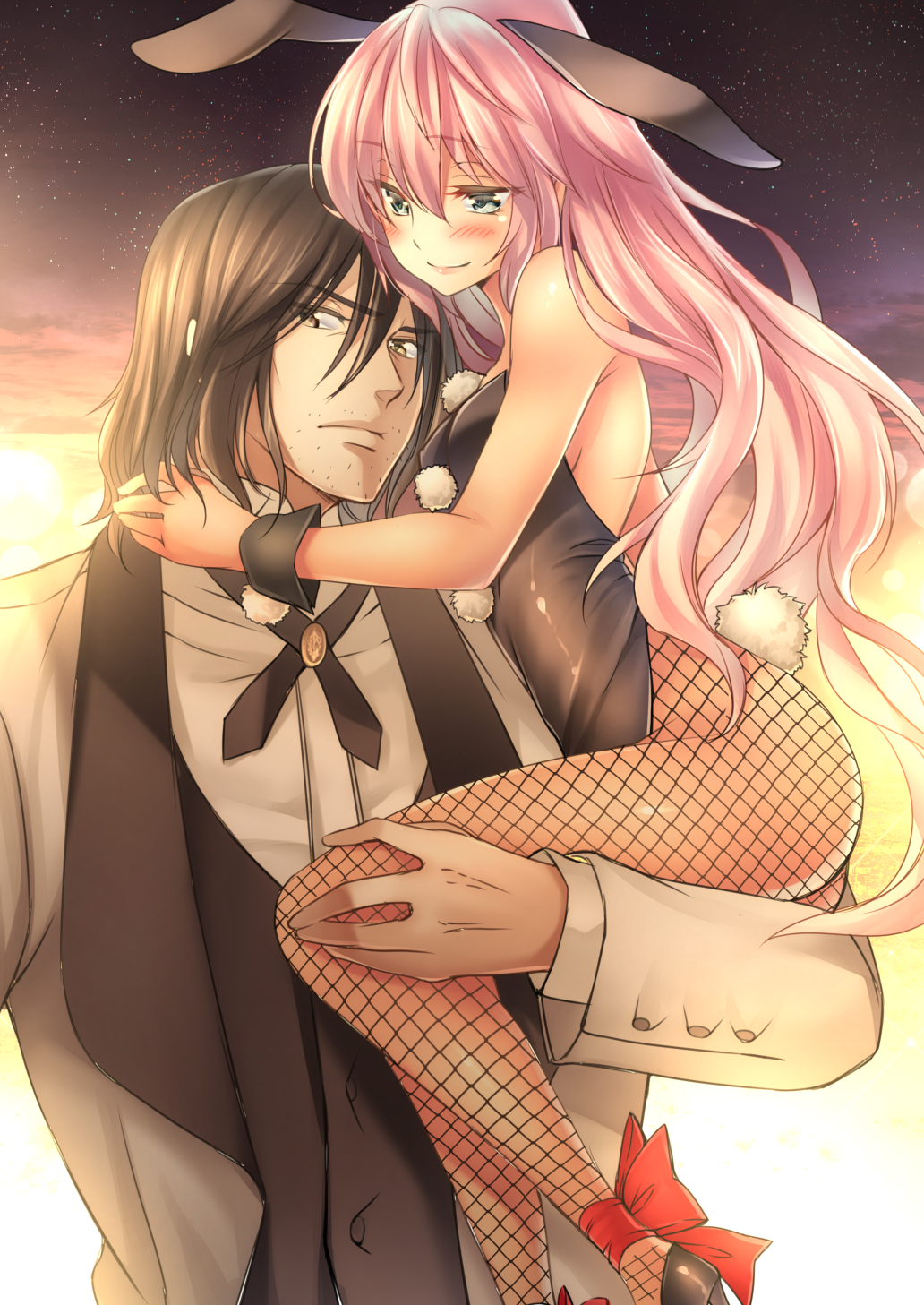 1boy, 1girl, animal_ears, bangs, black_hair, blush, breasts, bunny_tail