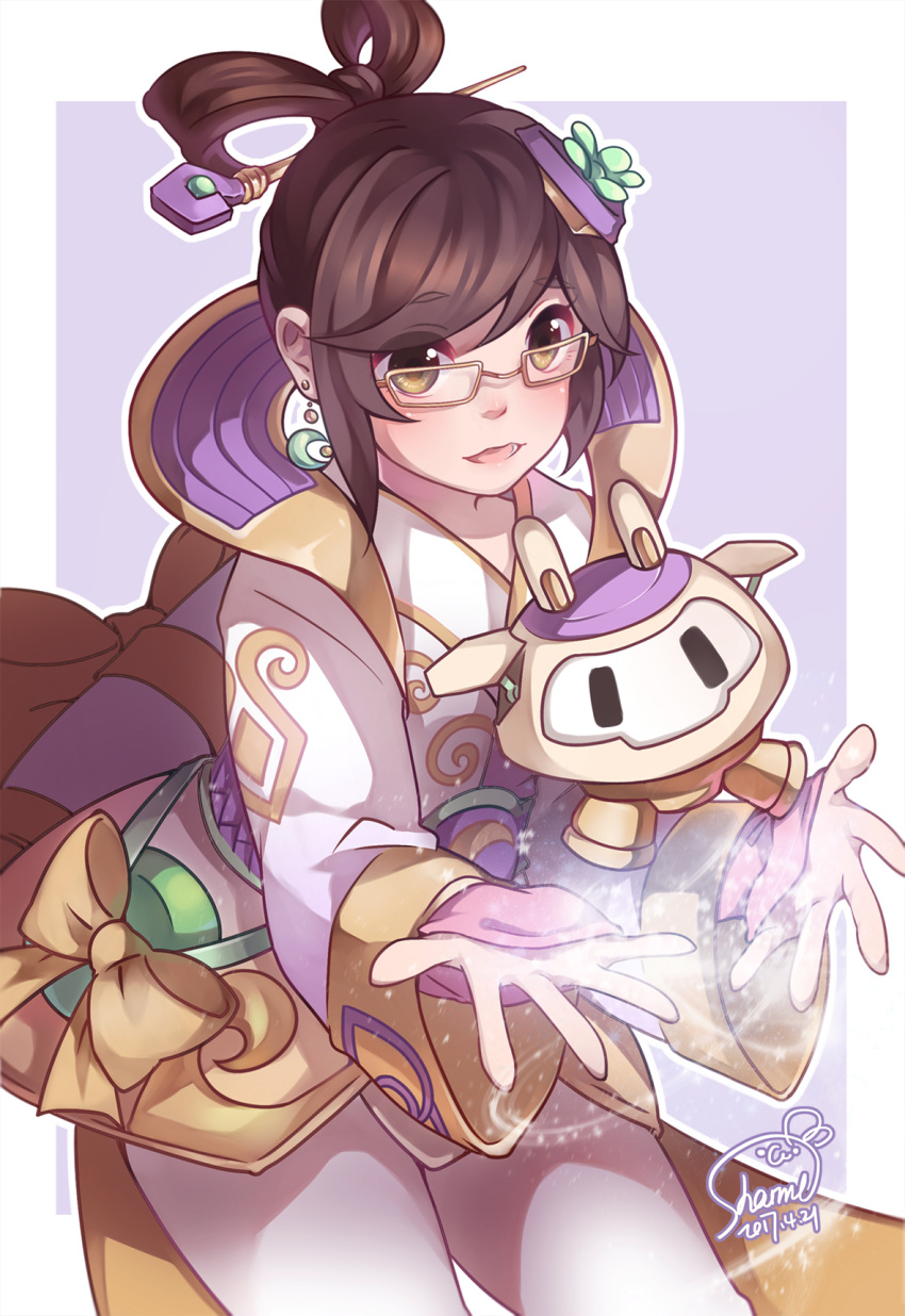1girl, alternate_costume, alternate_hairstyle, brown_eyes, brown_hair, chang'e_mei, chinese_clothes, drone, earrings, eyebrows_visible_through_hair, glasses, hagoromo, hair_rings, highres, jewelry, mei_(overwatch), outstretched_arms, overwatch, sharmi1010, shawl, short_hair, signature, snowball_(overwatch), solo, yellow-framed_eyewear