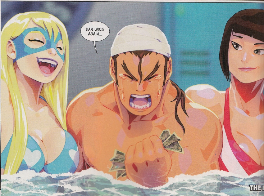 1boy, 2girls, ^_^, adapted_costume, ahoge, bandage, bandaged_head, bikini