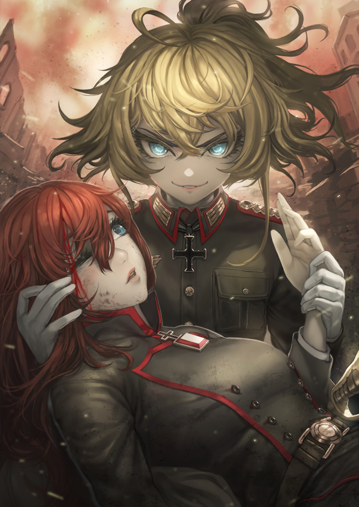 2girls, ahoge, blonde_hair, blood, blue_eyes, blush, breasts, city