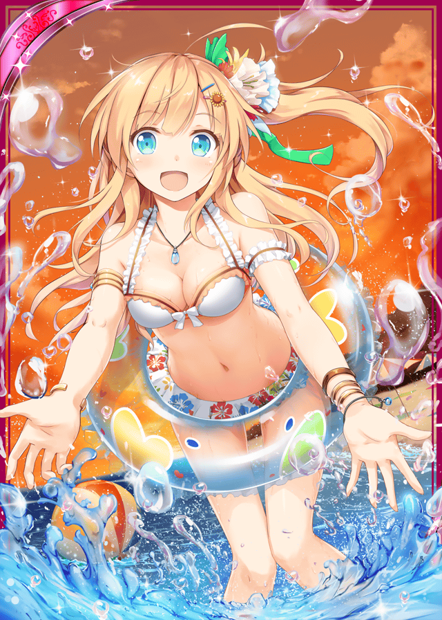 1girl, akkijin, alchemist_(shinkai_no_valkyrie), beach, bikini, blonde_hair, blue_eyes, blush