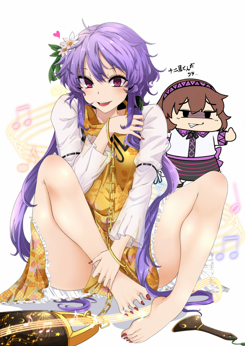 2girls, bad_feet, bare_legs, barefoot, biwa_lute, brown_eyes, brown_hair, chibi