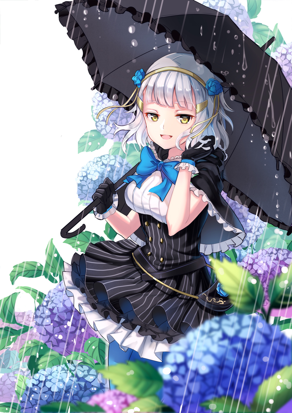 1girl, bow, bowtie, capelet, duzie_e, flower, gloves, grey_hair