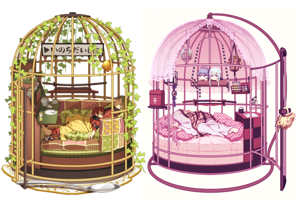 2boys, bed, blanket, cage, character_doll, closed_eyes, cup, green_hair