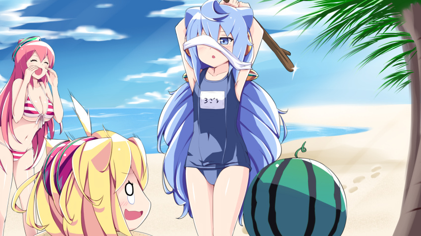 1boy, 2girls, ahoge, beach, bikini, blindfold_slip, blonde_hair, blue_eyes