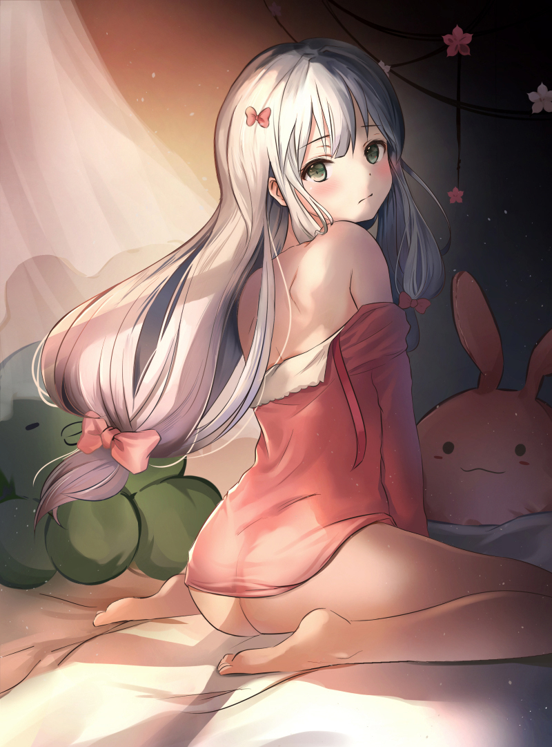1girl, ass, bare_shoulders, barefoot, blue_eyes, blush, bow, eromanga_sensei