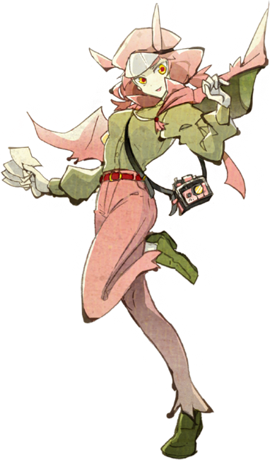 1girl, belt, camera, capelet, crobat, green_shirt, green_shoes, nihakusanren, pants, papers, personification, pink_pants, pokemon, red_eyes, shirt, shoes, solo, standing, standing_on_one_leg, yellow_sclera
