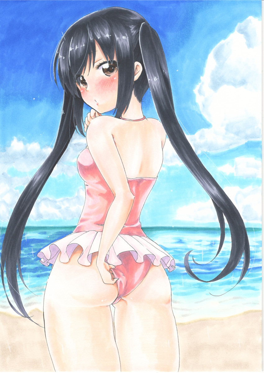 1girl, absurdres, beach, black_hair, brown_eyes, casual_one-piece_swimsuit, day, from_behind