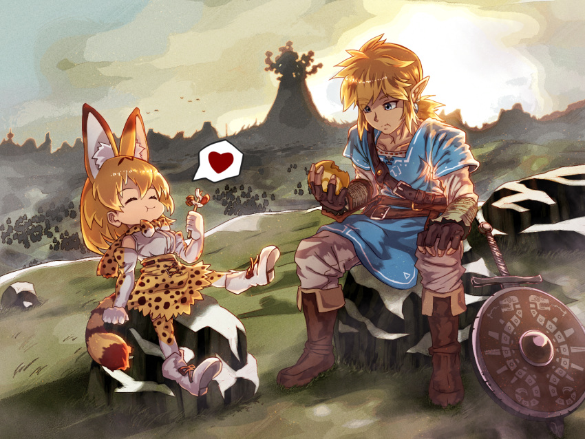 1boy, 1girl, 9to9, ^_^, animal_ears, arm_support, blonde_hair, blue_eyes
