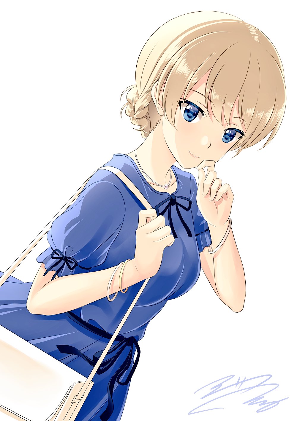 alternate_costume, bag, blonde_hair, blue_eyes, bracelet, casual, darjeeling, dutch_angle