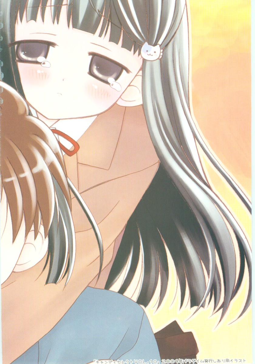 chinjao_roosu, hair_ornament, hairclip, highres, long_hair, piggyback, school_uniform, tears