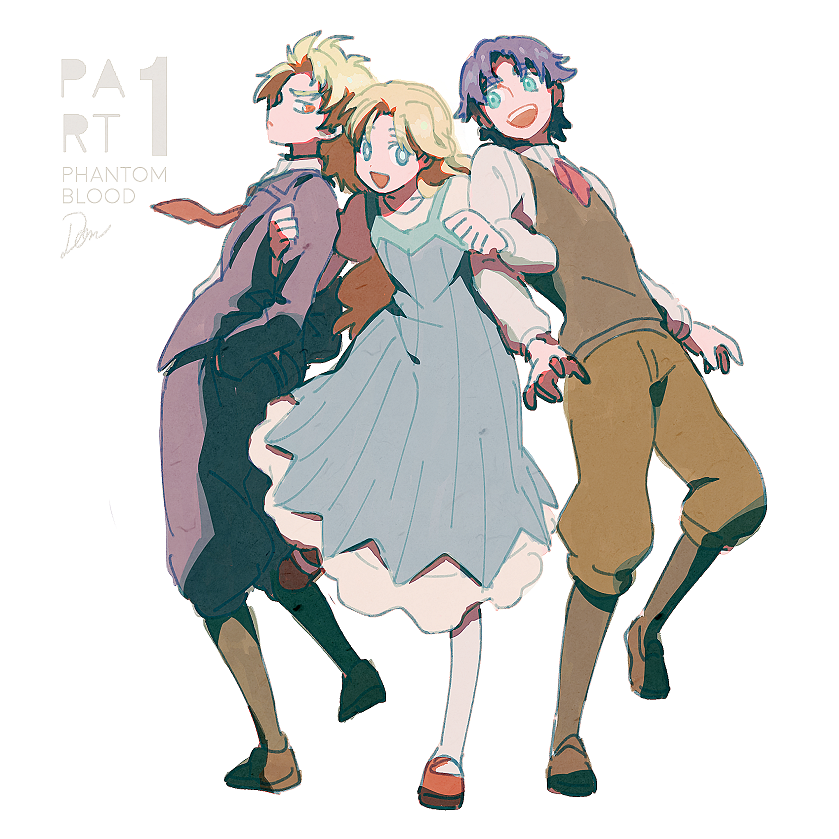 1girl, 2boys, blonde_hair, blue_dress, blue_eyes, dio_brando, domu_(hamadura), dress
