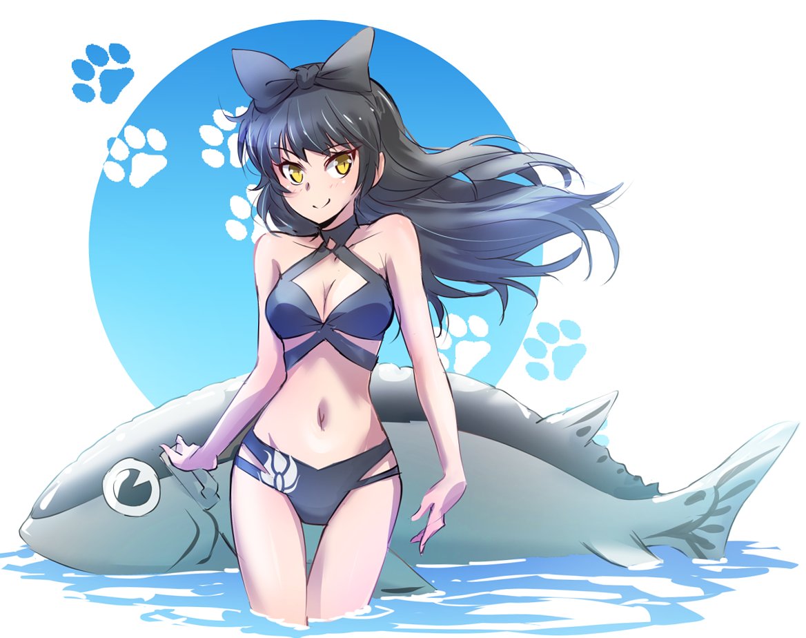1girl, abs, bikini, black_hair, blake_belladonna, blush, bow, breasts