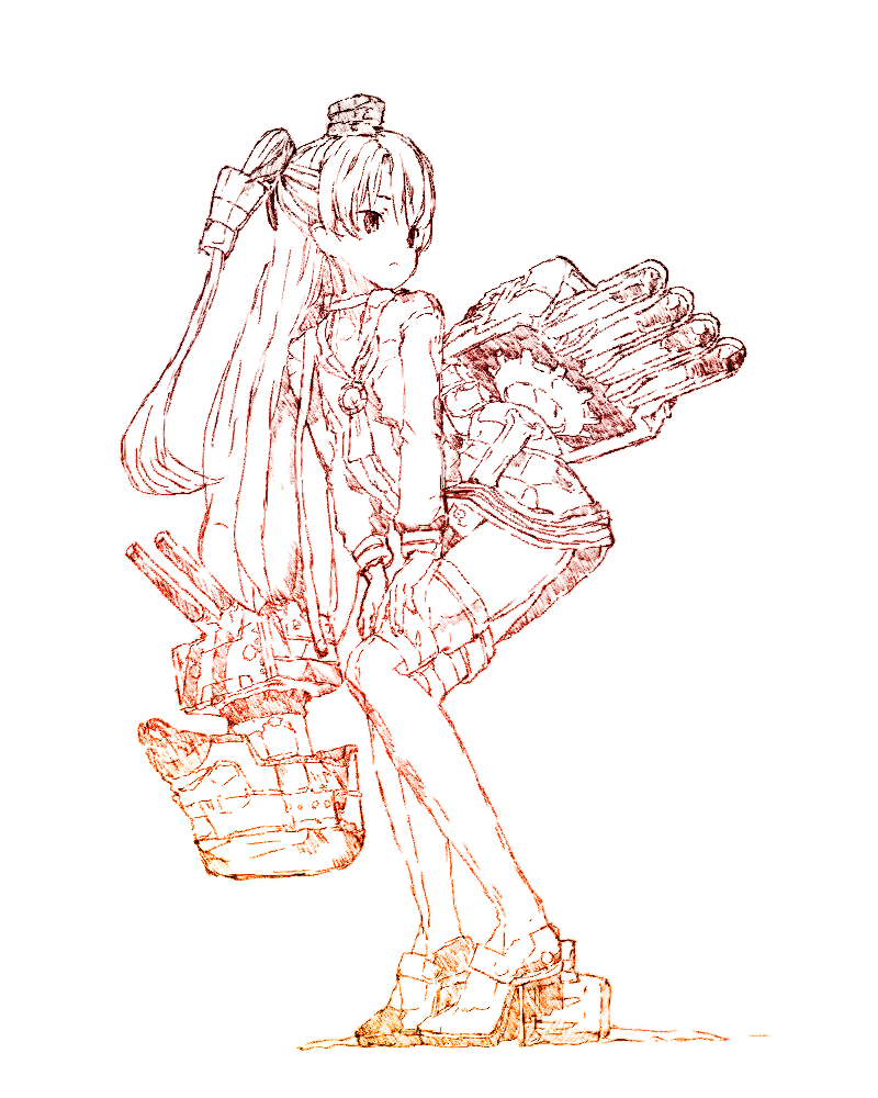 1girl, :<, amatsukaze_(kantai_collection), garter_straps, gradient_filter, gurin33, hair_tubes, high_heels, kantai_collection, kneeling, long_hair, looking_back, mecha_musume, monochrome, presenting, rensouhou-kun, rudder_shoes, simple_background, sketch, smokestack_hair_ornament, solo, thigh-highs, torpedo_tubes, turret, twintails, very_long_hair, white_background