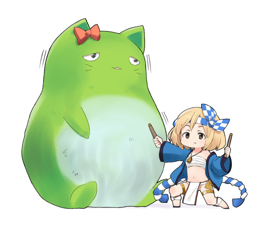 1girl, blonde_hair, chibi, djeeta_(granblue_fantasy), drum_master_(granblue_fantasy), drumsticks, fundoshi, granblue_fantasy