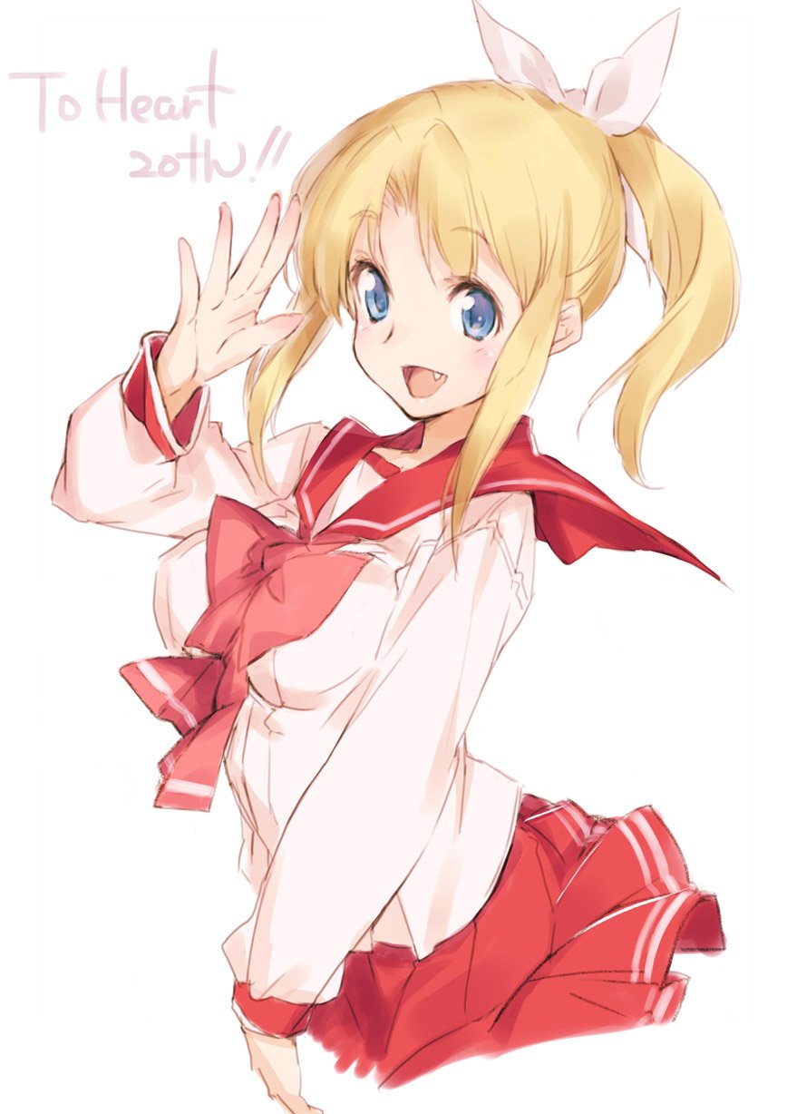 1girl, blonde_hair, blue_eyes, bow, fang, highres, kawata_hisashi, long_hair