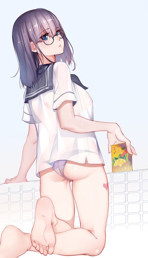 1girl, ass, bangs, barefoot, blue_eyes, blunt_bangs, breasts, erect_nipples
