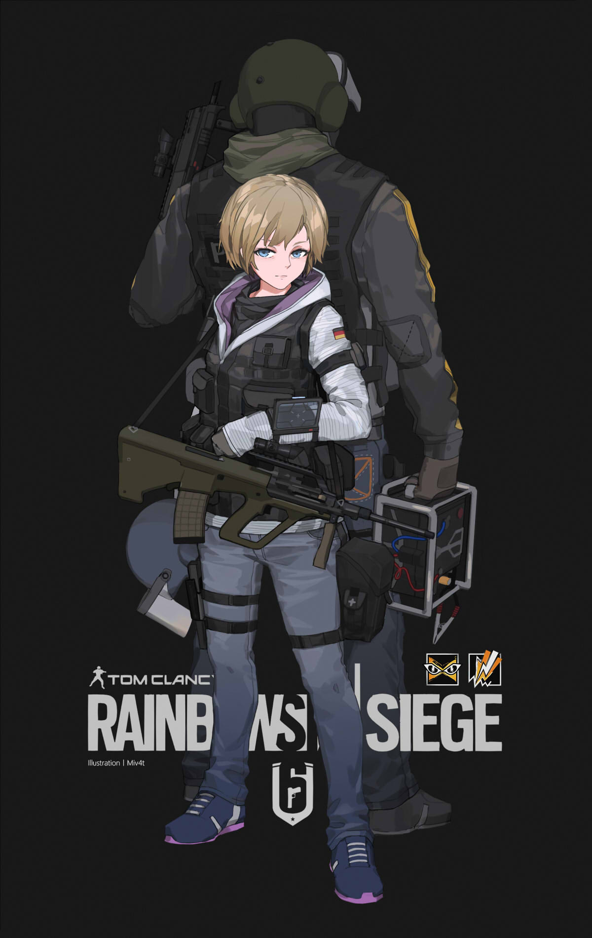 1boy, 1girl, bandit_(rainbow_six_siege), blue_eyes, brown_hair, copyright_name, facing_away, gun, height_difference, highres, holding, holding_gun, holding_weapon, looking_at_viewer, looking_away, mivit, monika_weiss, rainbow_six_siege, short_hair, weapon
