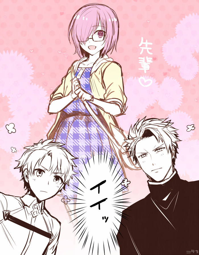 1girl, 2boys, adapted_costume, alternate_costume, black_hair, blue_eyes, blush, commentary_request