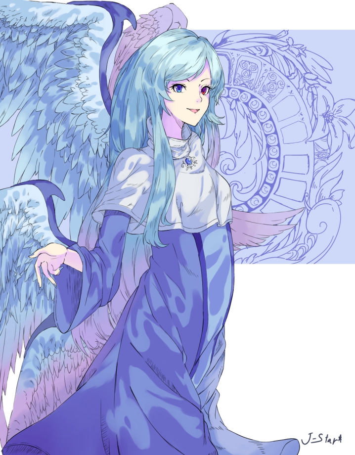 1girl, angel_wings, blue_eyes, blue_hair, brooch, heterochromia, jewelry, long_hair