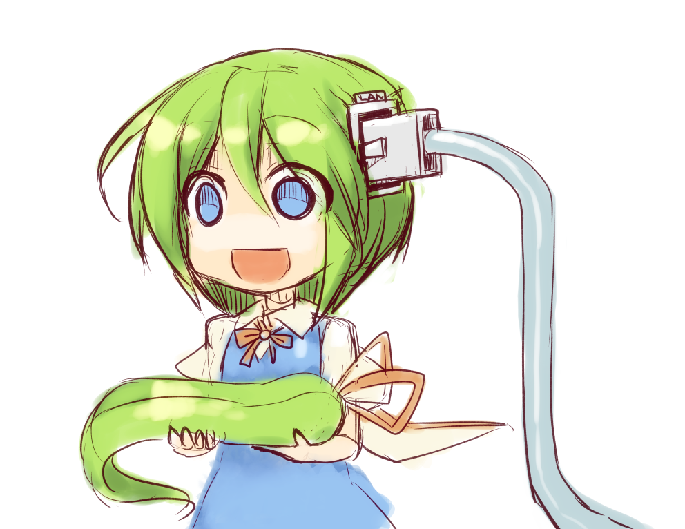 1girl, ascot, blank_stare, blouse, blue_eyes, bow, cable, commentary_request