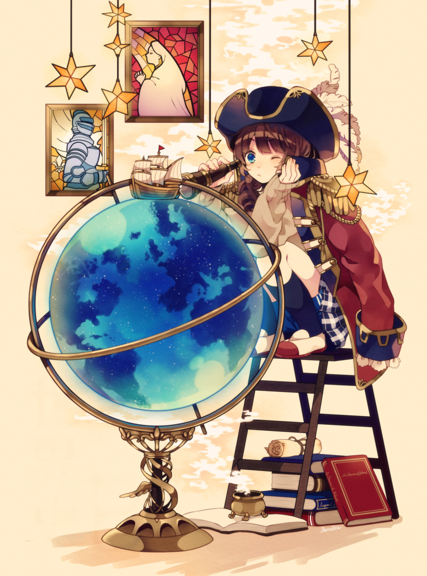 1girl, armor, blue_eyes, brown_hair, commentary, edward-el, epaulettes, fleur_de_lis
