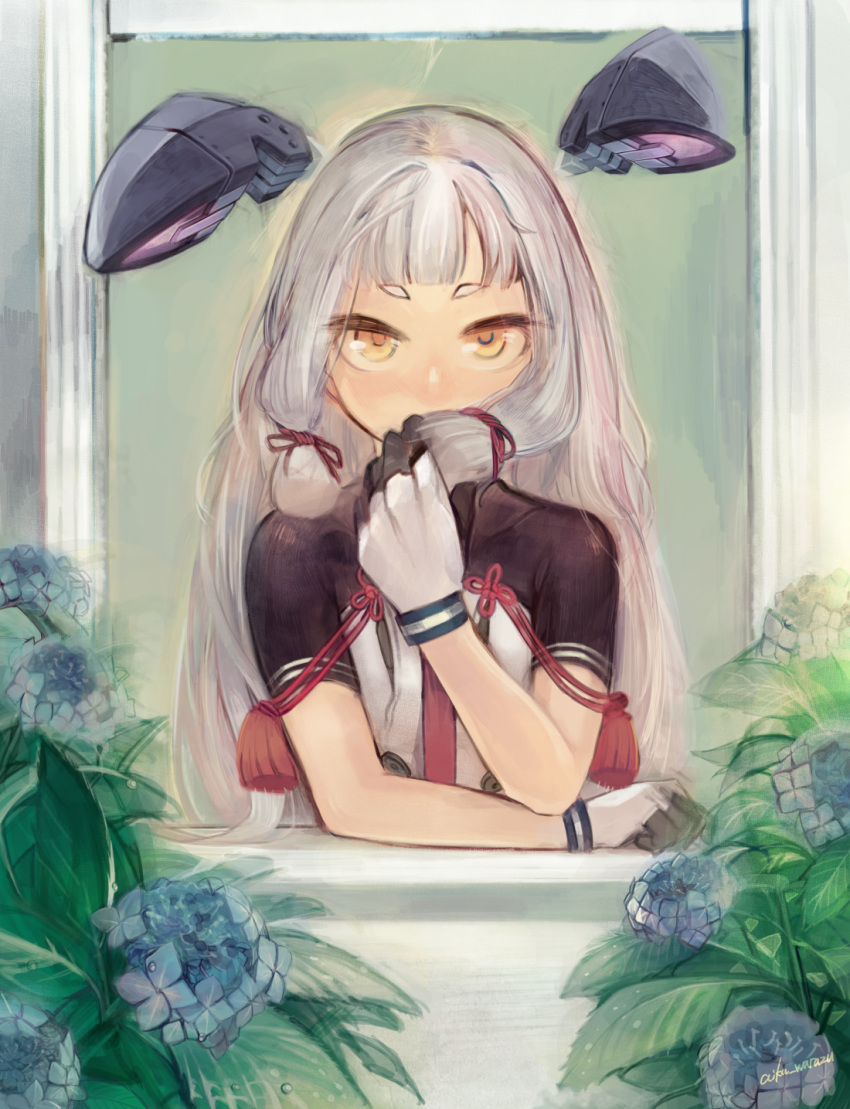 1girl, aika_warazu, bangs, blue_flower, blue_hair, blunt_bangs, breasts, buttons