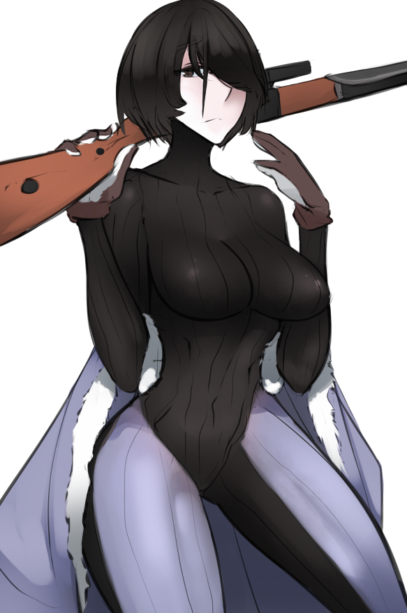 1girl, black_hair, bodysuit, breasts, brown_eyes, brown_gloves, clothes_around_waist, commentary