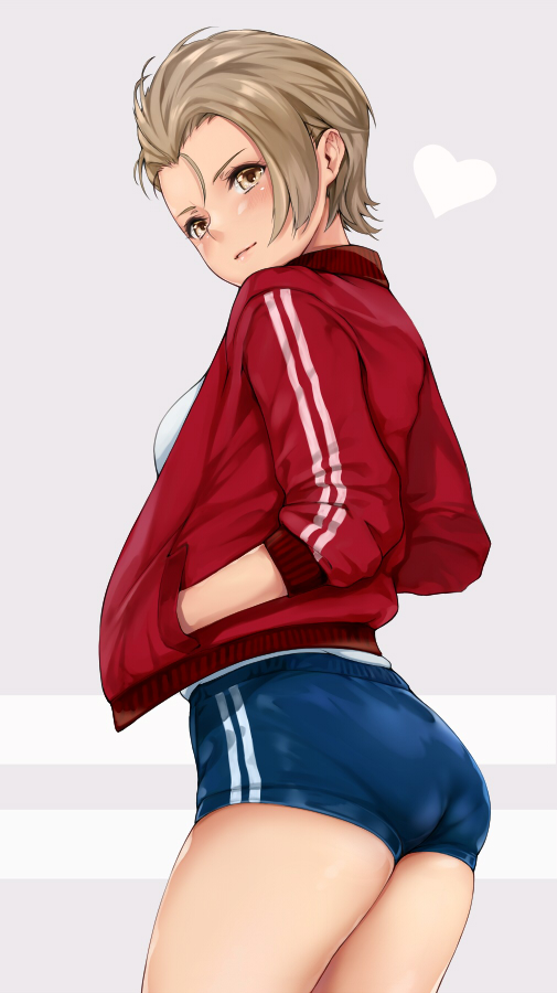 1girl, ass, blonde_hair, brown_eyes, cowboy_shot, from_side, grey_background, gym_uniform